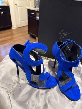 Giuseppe Zanotti Cobalt Blue Suede Sculptural Cutout Stiletto Sandals
